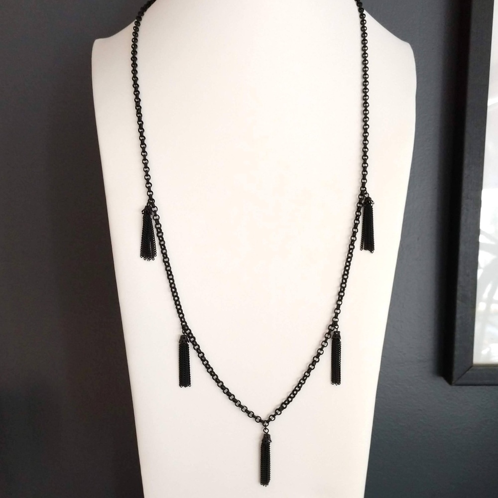 Jet black small tassel necklace